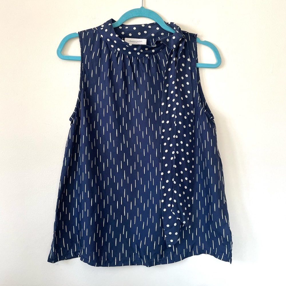 Anthropologie Portrait of a Girl Silk Navy Polka Dot Sleeveless Top Size 6